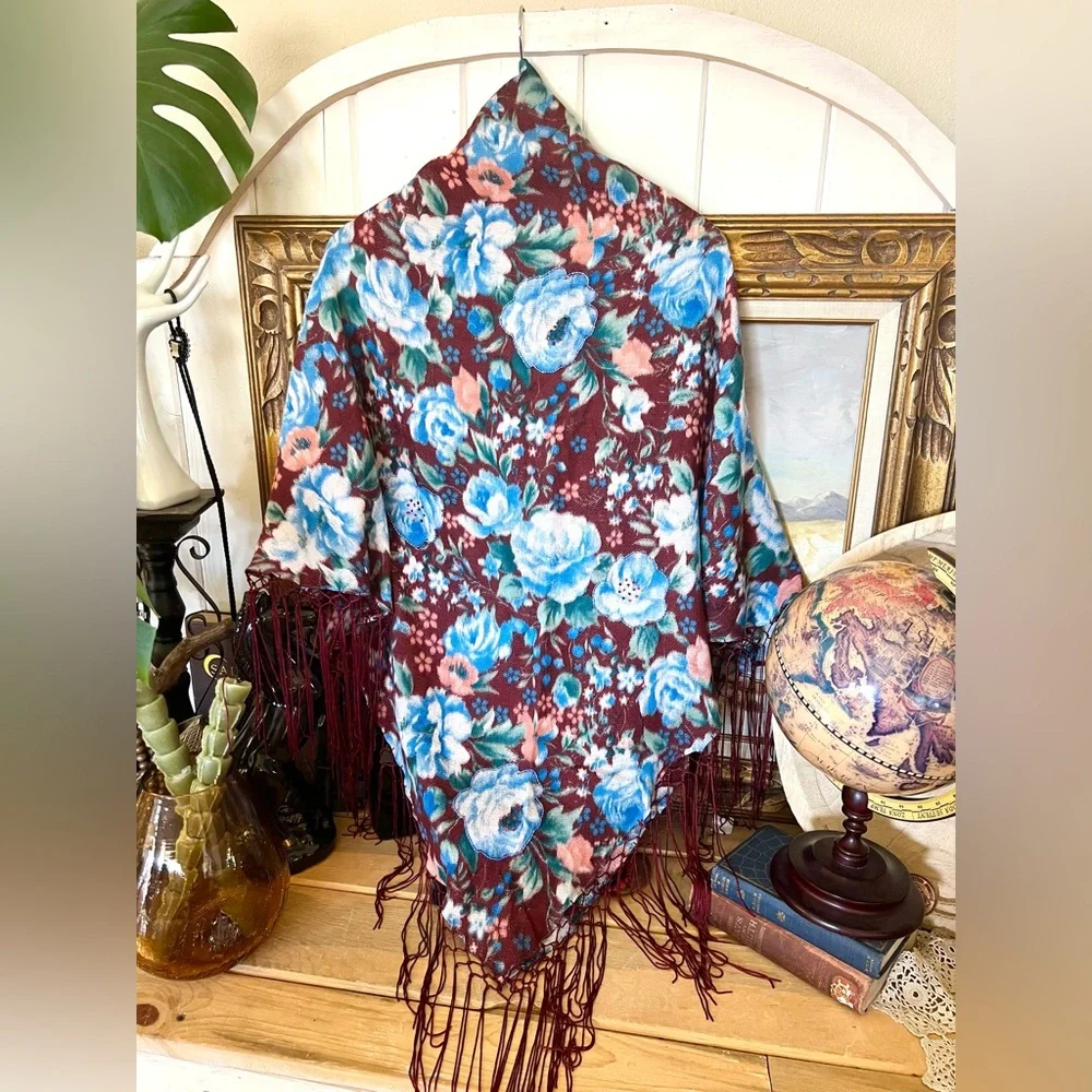 New! Aratta Silent Journey Plum And Navy Floral Beaded Wrap Shawl Butterfly Pin